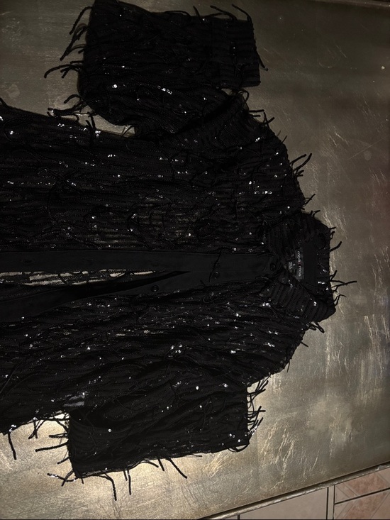 Moa Moa Black Fringe Sequin Button-Front Blazer - Picture 4 of 7